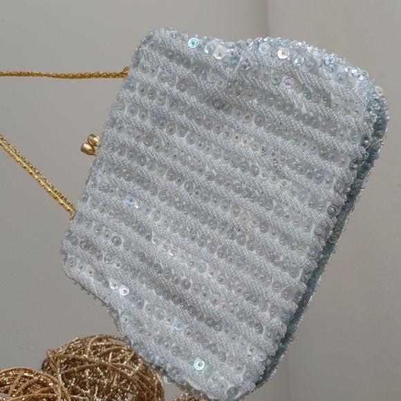 Vintage Richere Clutch Evening Bag Made in Hong Kong Sequined Beads Aqua Blue - Picture 15 of 17